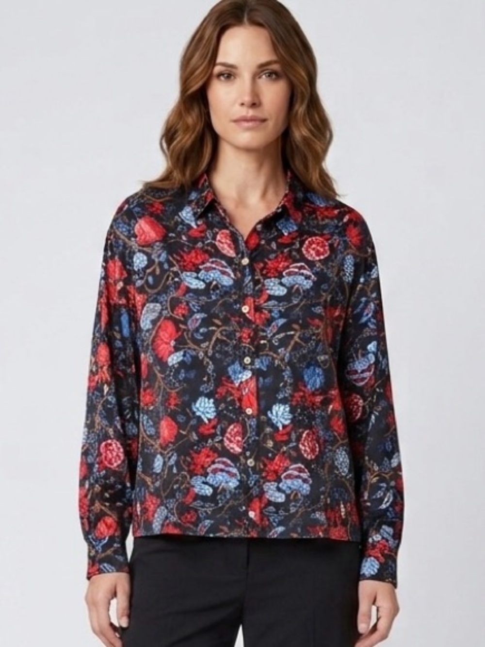 Chloe Kristyn Fleur Noir Fallon Erin floral button up satin shirt top Size XXL